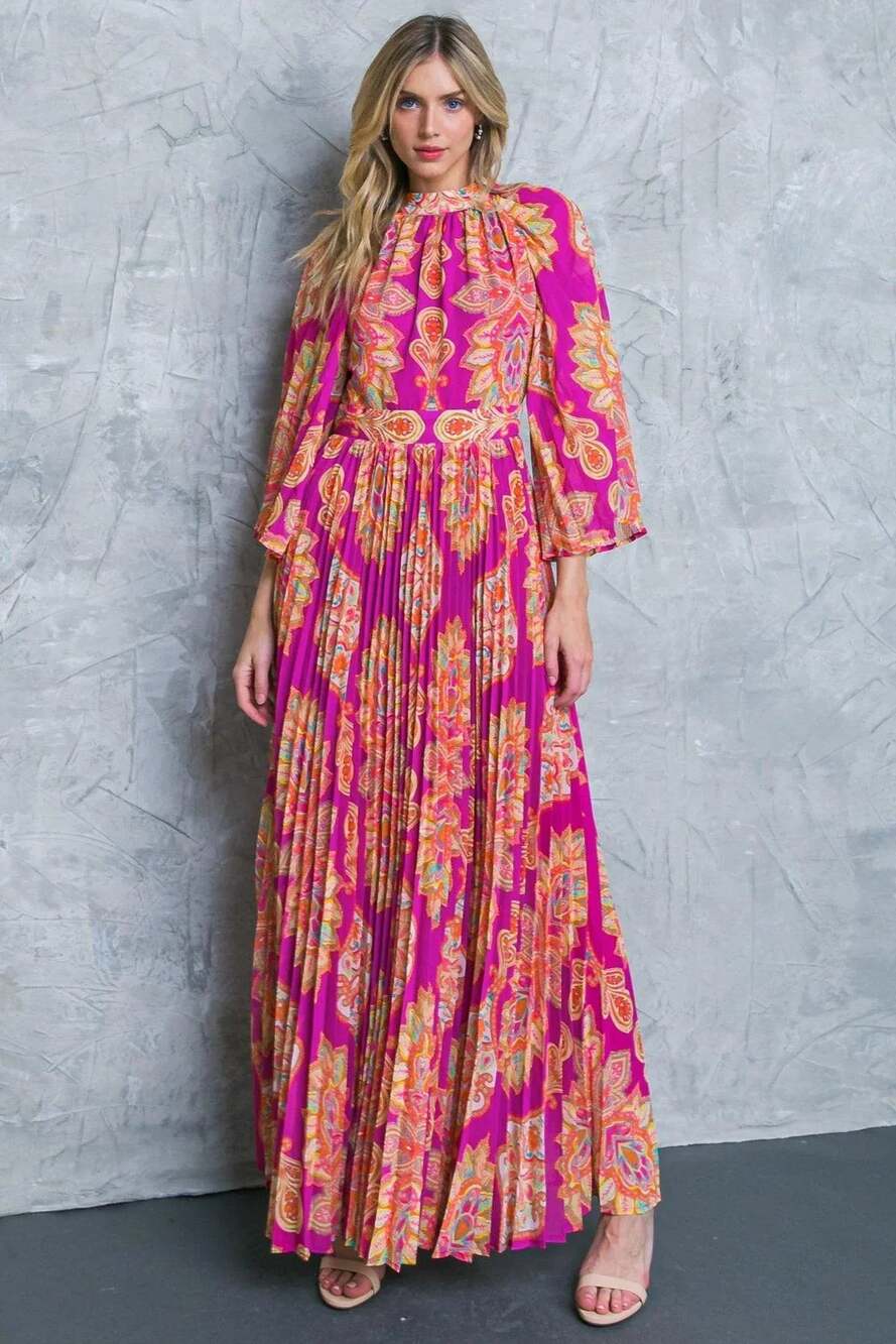 Flying Tomato Pink Paisley Pleated Maxi Dress